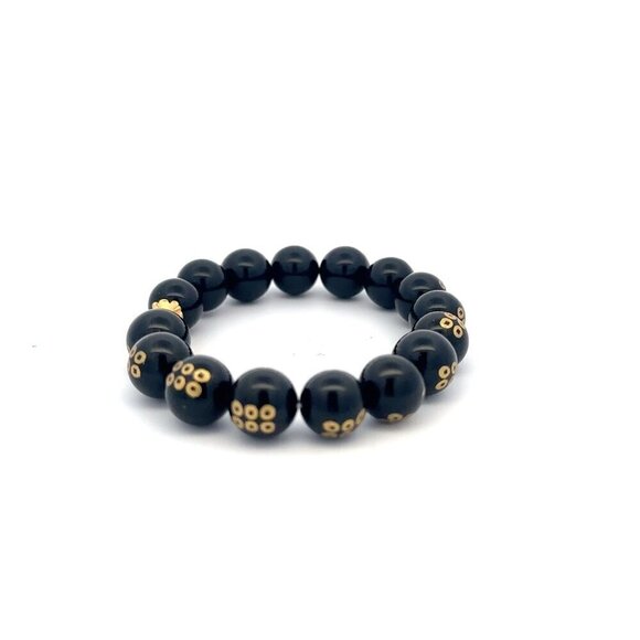 24K Yellow Gold Money Bag Lucky Bracelet Carved Black Agate Gemstones 10mm - Picture 4 of 5
